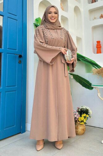 Taşlı Boncuklu İşleme Detaylı Ferace 7882 Vizon - Bym Fashion