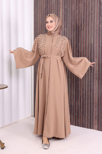 Taşlı Boncuklu İşleme Detaylı Ferace 7882 Vizon - Bym Fashion