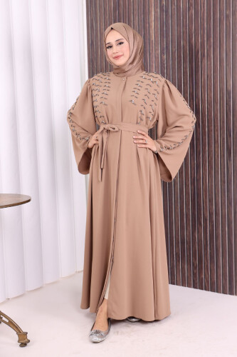 Taşlı Boncuklu İşleme Detaylı Ferace 7882 Vizon - 2