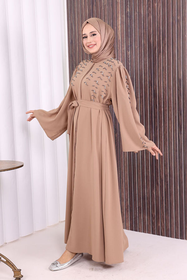 Taşlı Boncuklu İşleme Detaylı Ferace 7882 Vizon - 3