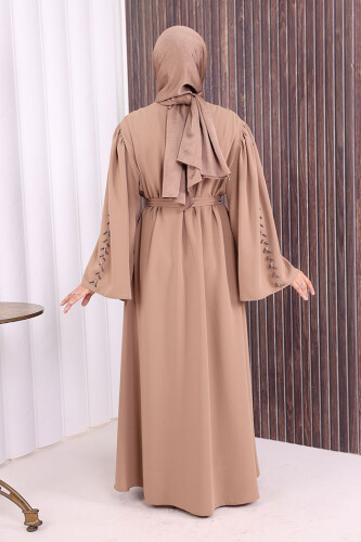 Taşlı Boncuklu İşleme Detaylı Ferace 7882 Vizon - 4