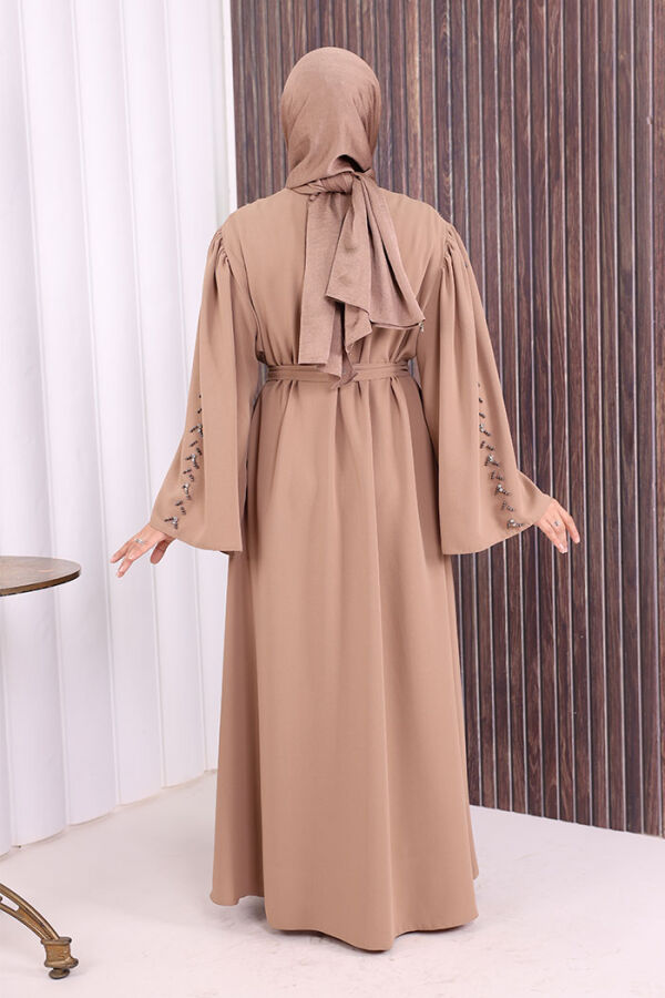 Taşlı Boncuklu İşleme Detaylı Ferace 7882 Vizon - 4