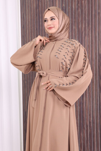 Taşlı Boncuklu İşleme Detaylı Ferace 7882 Vizon - 5