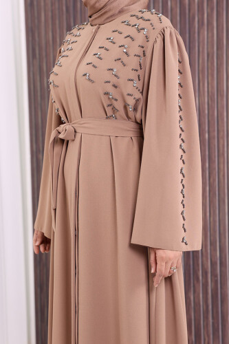 Taşlı Boncuklu İşleme Detaylı Ferace 7882 Vizon - 6