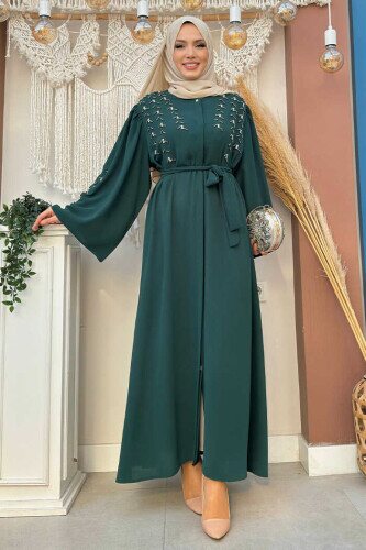 Taşlı Boncuklu İşleme Detaylı Ferace 7882 Zümrüt - Bym Fashion