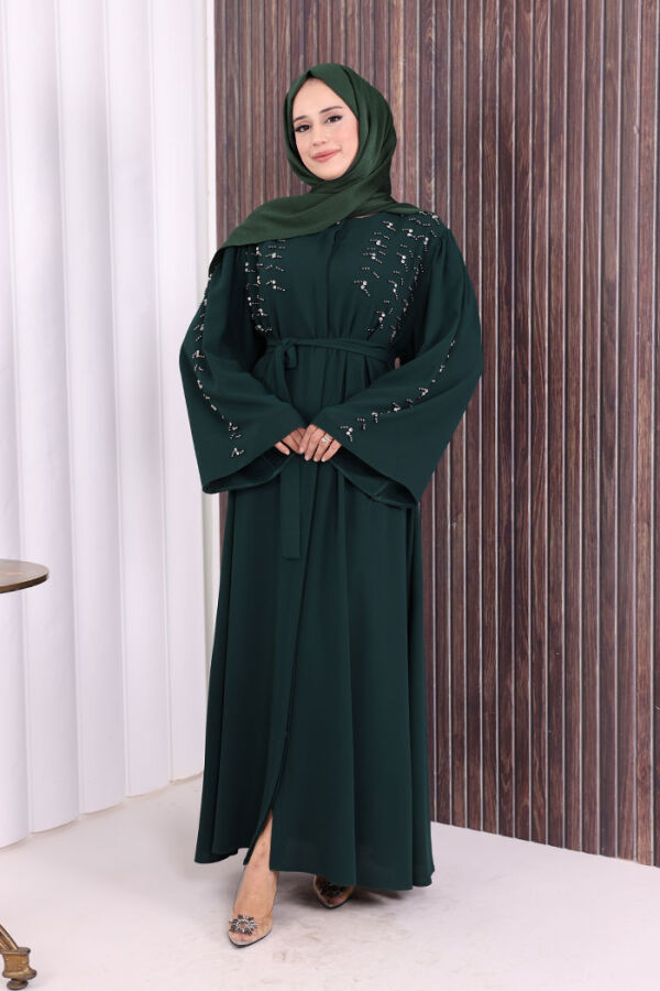 Taşlı Boncuklu İşleme Detaylı Ferace 7882 Zümrüt - 2