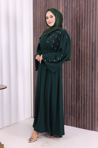 Taşlı Boncuklu İşleme Detaylı Ferace 7882 Zümrüt - 3