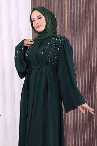 Taşlı Boncuklu İşleme Detaylı Ferace 7882 Zümrüt - 5
