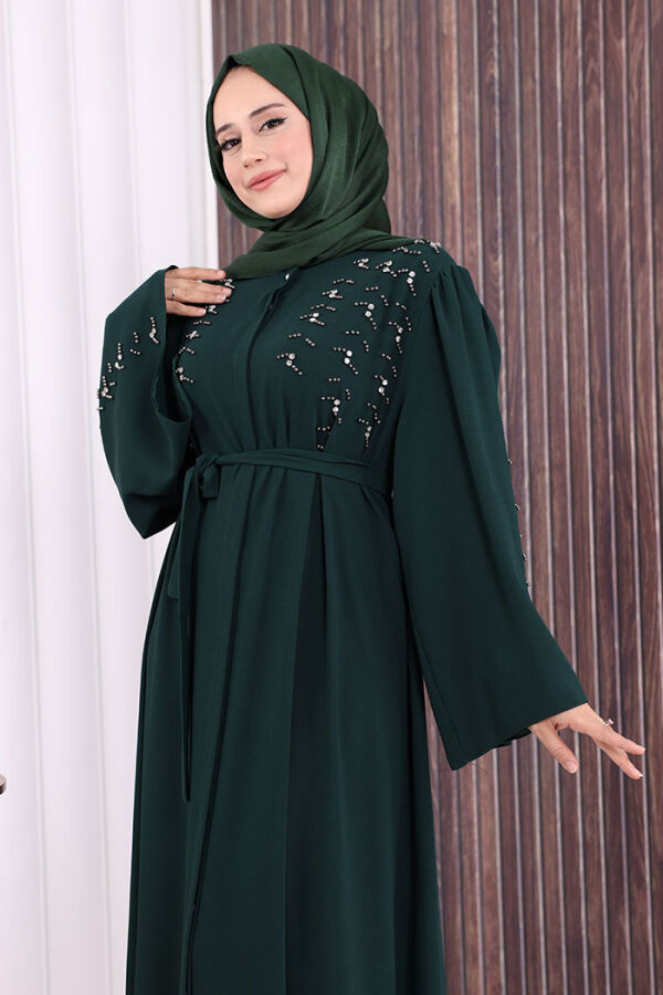 Taşlı Boncuklu İşleme Detaylı Ferace 7882 Zümrüt - 5