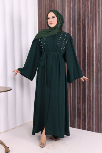 Taşlı Boncuklu İşleme Detaylı Ferace 7882 Zümrüt - Bym Fashion