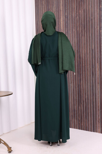 Taşlı Boncuklu İşleme Detaylı Ferace 7882 Zümrüt - 4