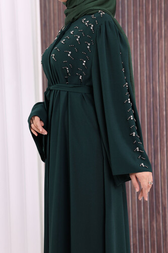 Taşlı Boncuklu İşleme Detaylı Ferace 7882 Zümrüt - 6