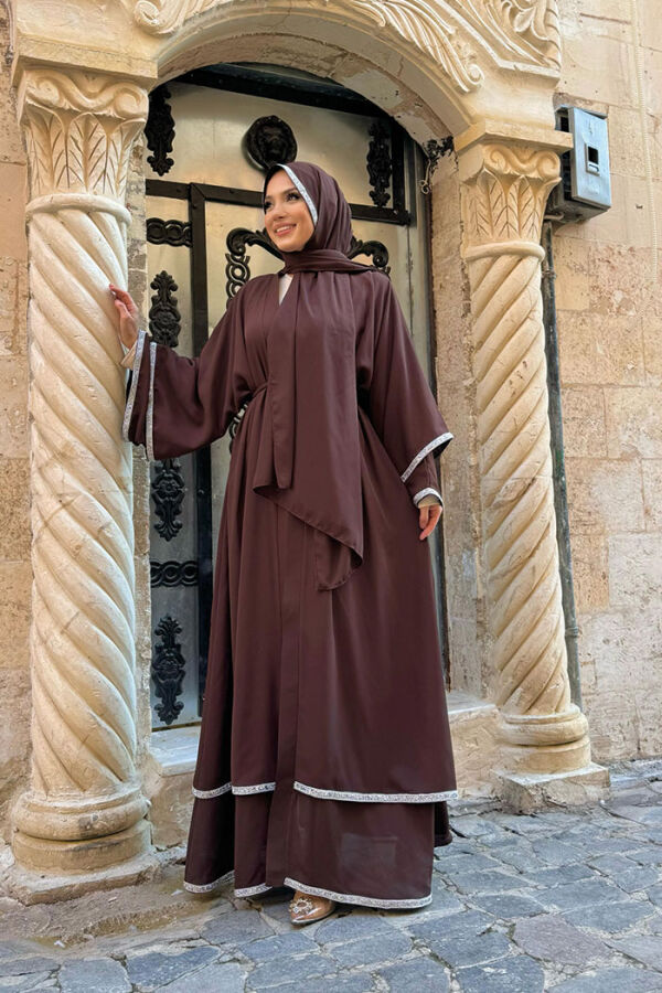 Taş İşlemeli Kat Detay Şallı Abaya 7883 Kahverengi - 4