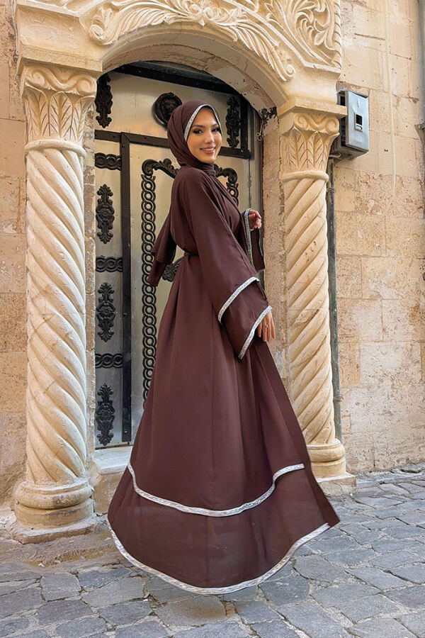 Taş İşlemeli Kat Detay Şallı Abaya 7883 Kahverengi - 6