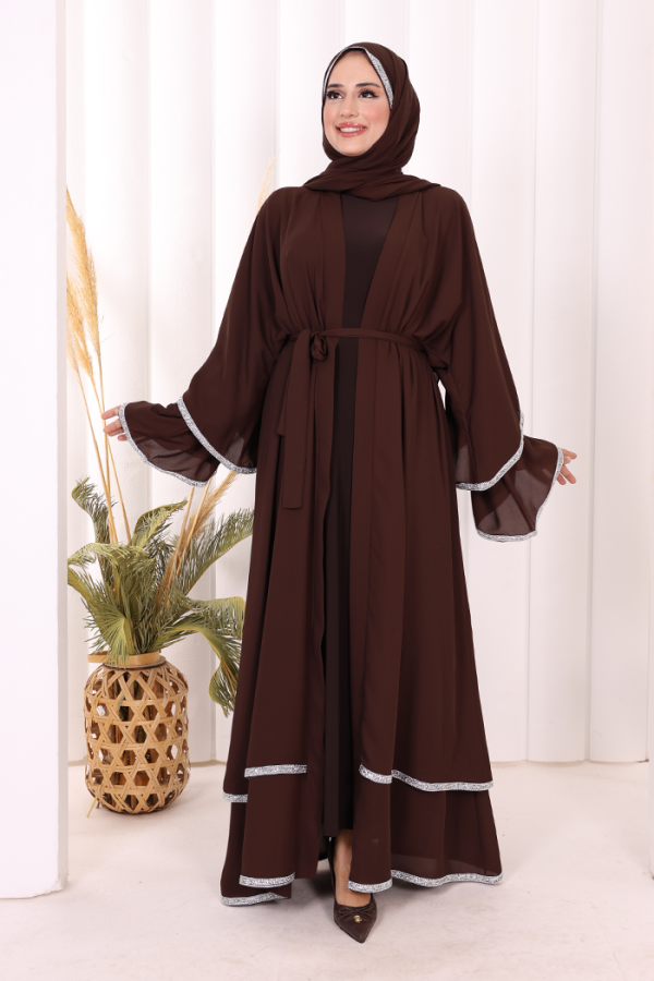 Taş İşlemeli Kat Detay Şallı Abaya 7883 Kahverengi - 1