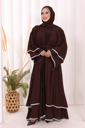 Taş İşlemeli Kat Detay Şallı Abaya 7883 Kahverengi - 2