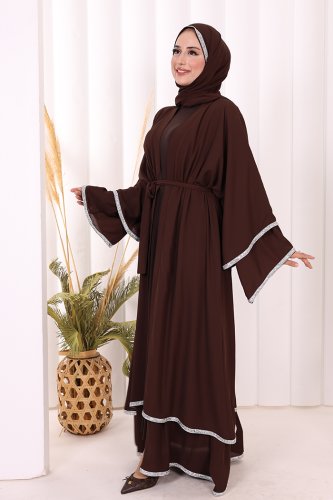 Taş İşlemeli Kat Detay Şallı Abaya 7883 Kahverengi - 3
