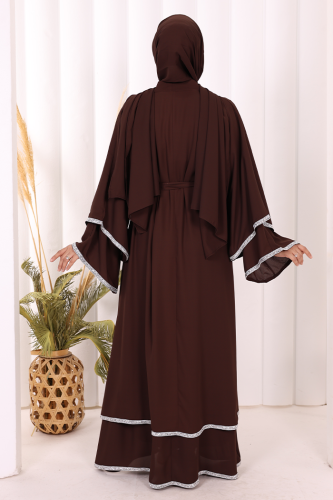 Taş İşlemeli Kat Detay Şallı Abaya 7883 Kahverengi - 4