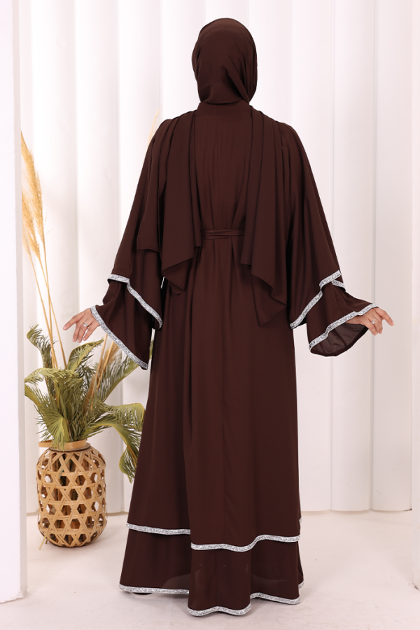Taş İşlemeli Kat Detay Şallı Abaya 7883 Kahverengi - 4