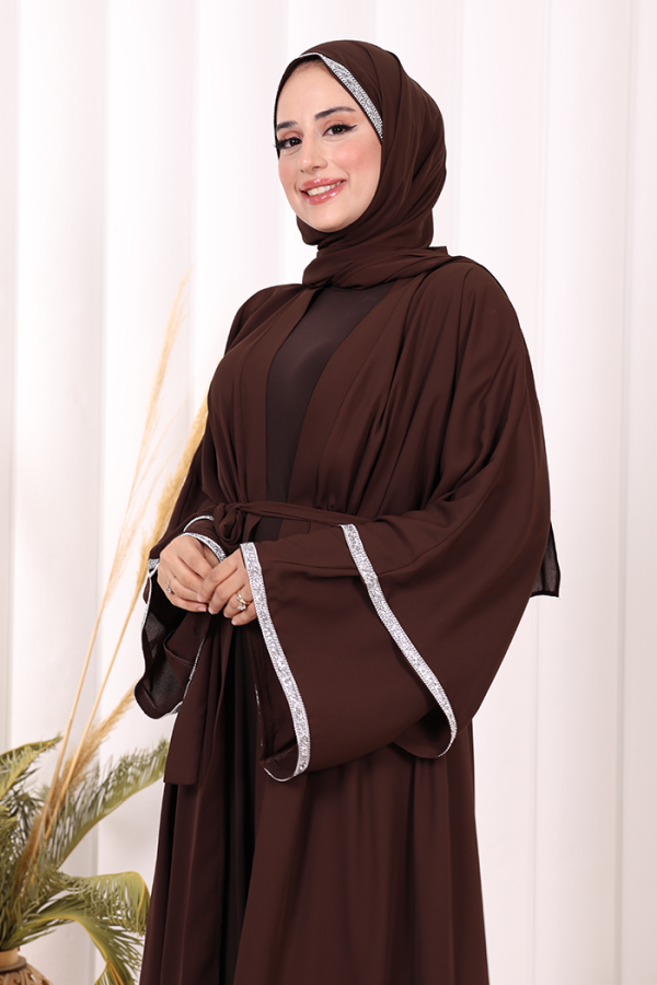 Taş İşlemeli Kat Detay Şallı Abaya 7883 Kahverengi - 5