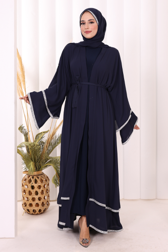 Taş İşlemeli Kat Detay Şallı Abaya 7883 Lacivert - 2
