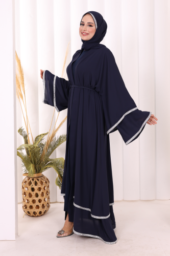 Taş İşlemeli Kat Detay Şallı Abaya 7883 Lacivert - 3