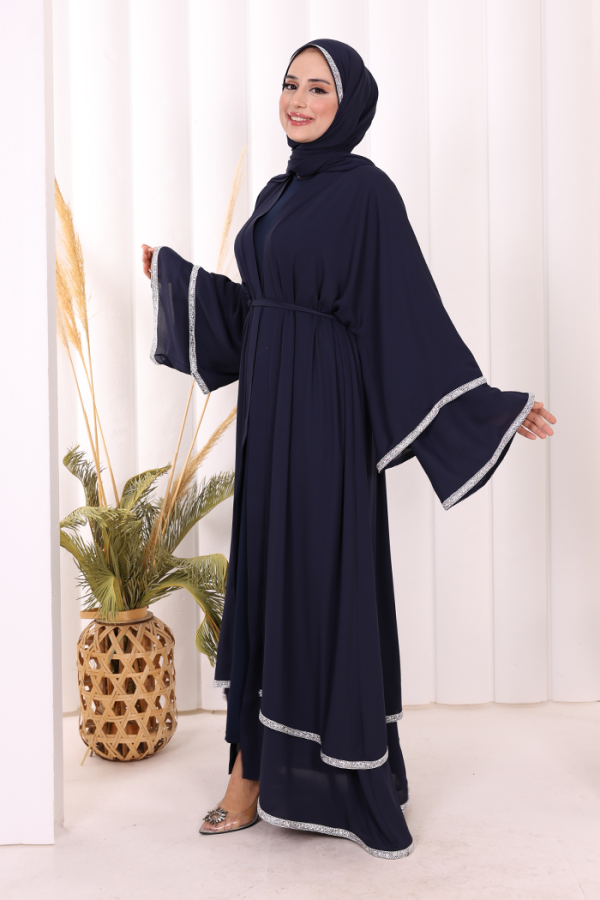 Taş İşlemeli Kat Detay Şallı Abaya 7883 Lacivert - 3