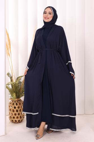 Taş İşlemeli Kat Detay Şallı Abaya 7883 Lacivert - 4