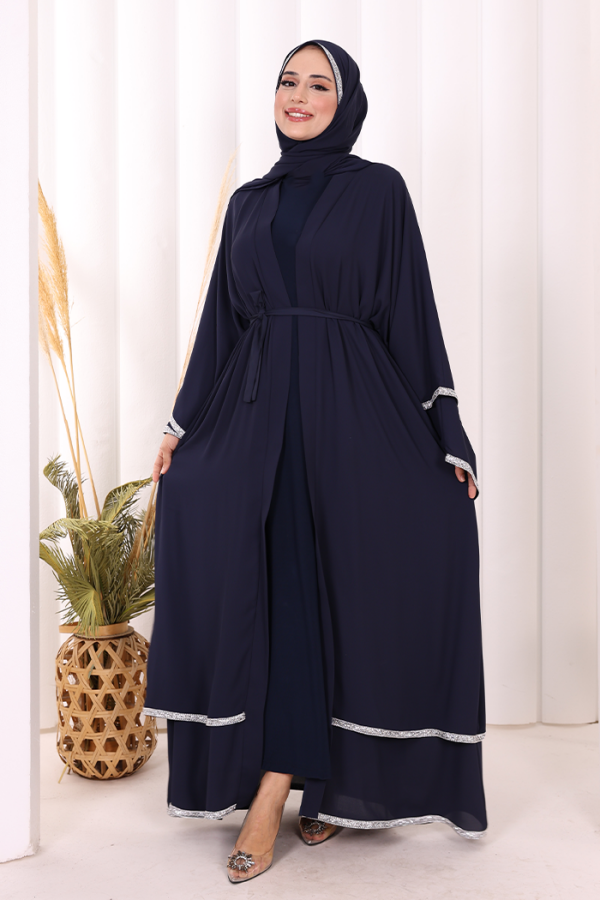 Taş İşlemeli Kat Detay Şallı Abaya 7883 Lacivert - 4