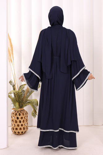 Taş İşlemeli Kat Detay Şallı Abaya 7883 Lacivert - 5