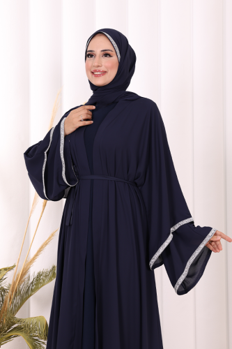 Taş İşlemeli Kat Detay Şallı Abaya 7883 Lacivert - 6