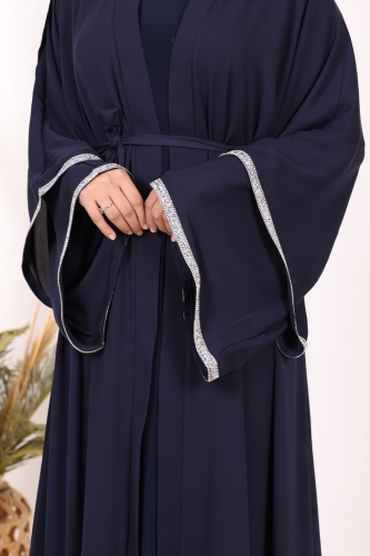 Taş İşlemeli Kat Detay Şallı Abaya 7883 Lacivert - 7