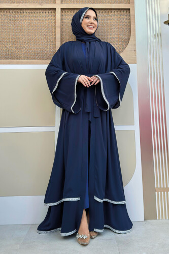 Taş İşlemeli Kat Detay  Abaya ŞAL HEDİYE  7883 Lacivert - 8