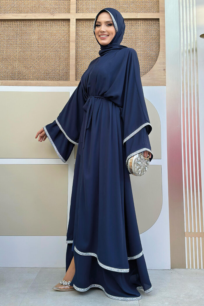 Taş İşlemeli Kat Detay  Abaya ŞAL HEDİYE  7883 Lacivert - 9