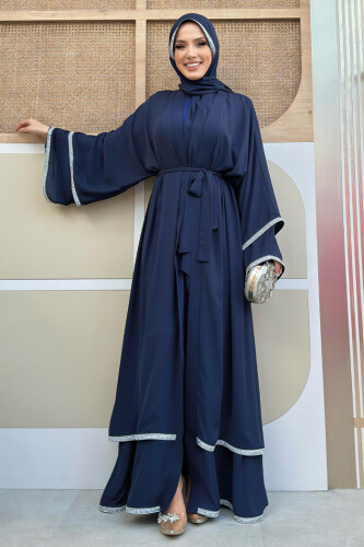 Taş İşlemeli Kat Detay  Abaya ŞAL HEDİYE  7883 Lacivert - 10