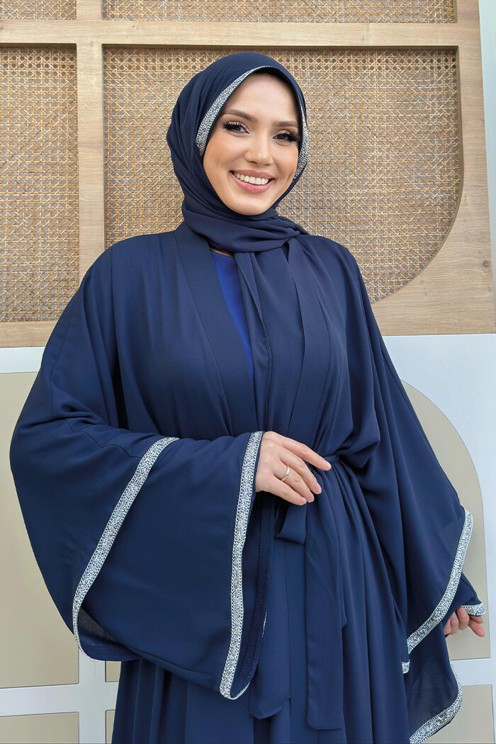 Taş İşlemeli Kat Detay  Abaya ŞAL HEDİYE  7883 Lacivert - 11