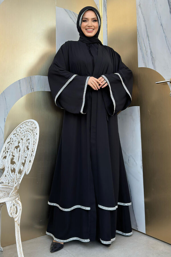Taş İşlemeli Kat Detay Şallı Abaya 7883 Siyah - 5