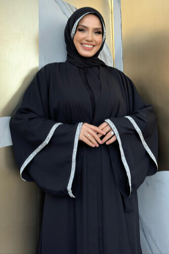 Taş İşlemeli Kat Detay Şallı Abaya 7883 Siyah - 8