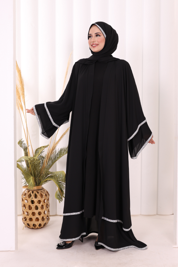 Taş İşlemeli Kat Detay Şallı Abaya 7883 Siyah - 2
