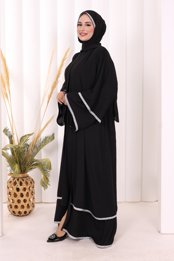 Taş İşlemeli Kat Detay Şallı Abaya 7883 Siyah - 3