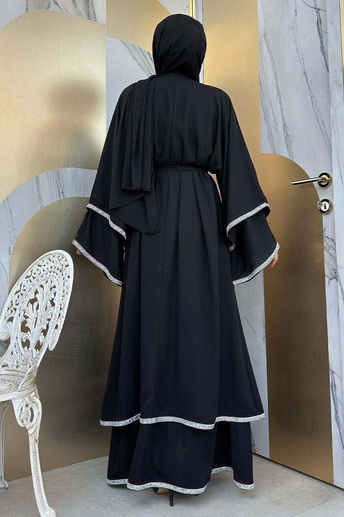 Taş İşlemeli Kat Detay  Abaya ŞAL HEDİYE  7883 Siyah - 6