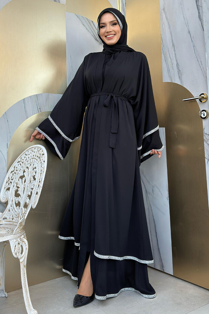 Taş İşlemeli Kat Detay  Abaya ŞAL HEDİYE  7883 Siyah - 7