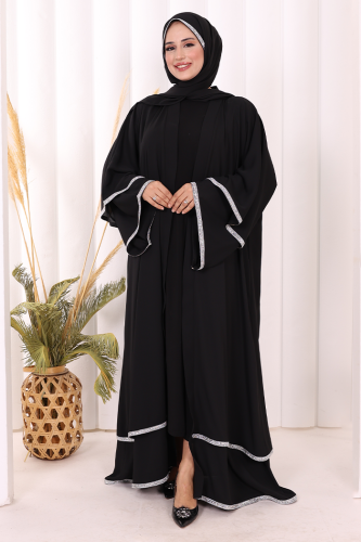 Taş İşlemeli Kat Detay Şallı Abaya 7883 Siyah - Bym Fashion