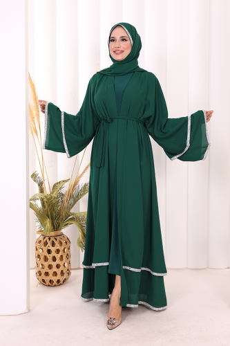 Taş İşlemeli Kat Detay Şallı Abaya 7883 Zümrüt - Bym Fashion