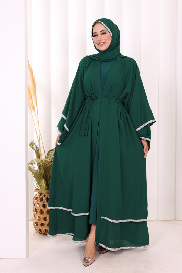 Taş İşlemeli Kat Detay Şallı Abaya 7883 Zümrüt - 2