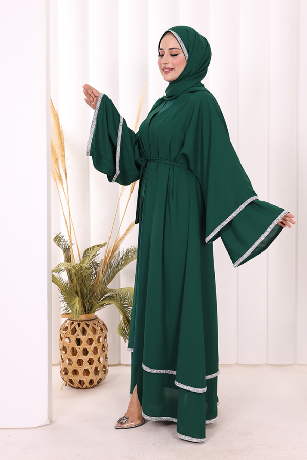 Taş İşlemeli Kat Detay Şallı Abaya 7883 Zümrüt - 3