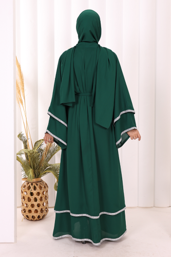 Taş İşlemeli Kat Detay Şallı Abaya 7883 Zümrüt - 4