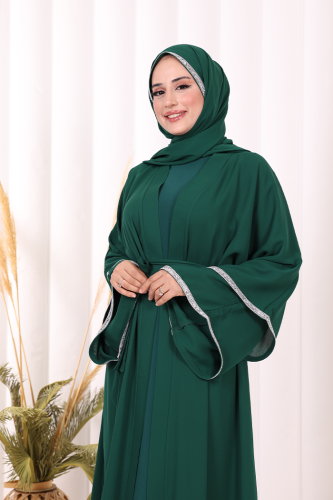 Taş İşlemeli Kat Detay Şallı Abaya 7883 Zümrüt - 5
