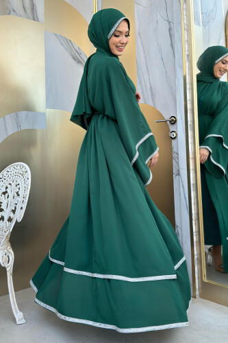 Taş İşlemeli Kat Detay  Abaya ŞAL HEDİYE  7883 Zümrüt - 9