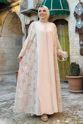 Dantel Abaya 7884 Taş - Bym Fashion